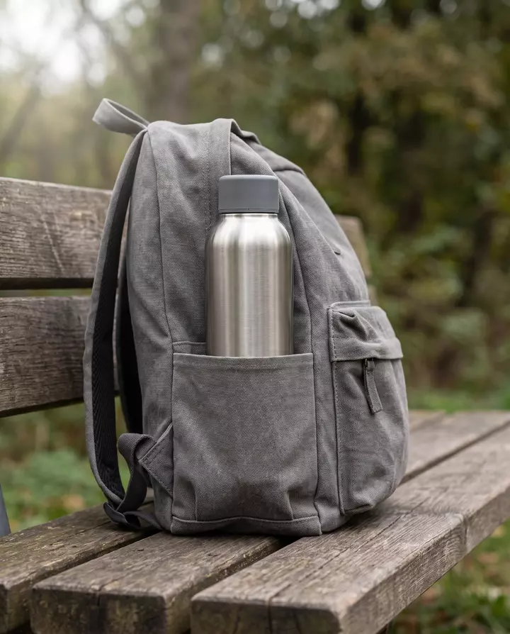 Dieselbe Flasche in der Seitentasche eines Rucksacks auf einer Bank im Freien