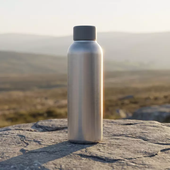 Dieselbe Flasche auf einem Stein im Freien, Landschaft im Hintergrund