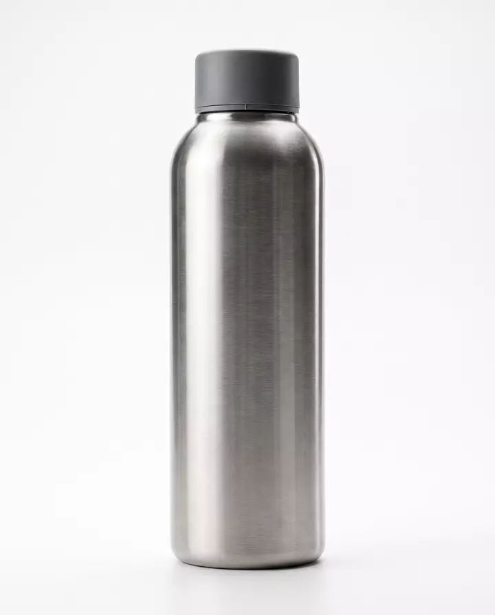 Eine Trinkflasche aus gebürstetem Edelstahl, freigestellt auf Weiß