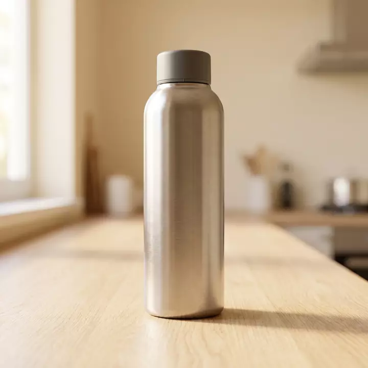 Die Flasche auf einer hellen Küchenarbeitsplatte im Morgenlicht