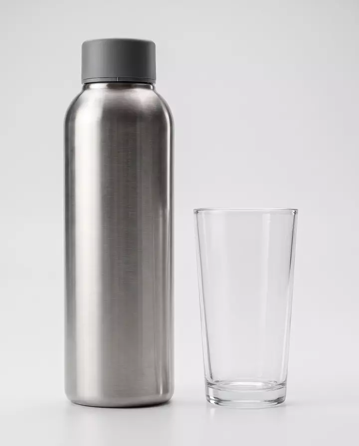 Dieselbe Flasche neben einem gewöhnlichen Trinkglas, beide nebeneinander