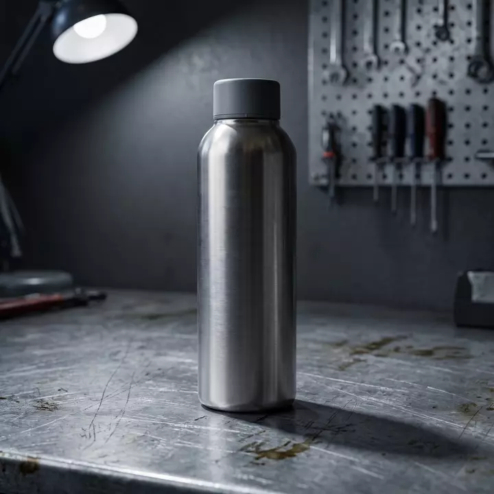 Dieselbe Flasche auf einer Stahlwerkbank vor einer Lochwand