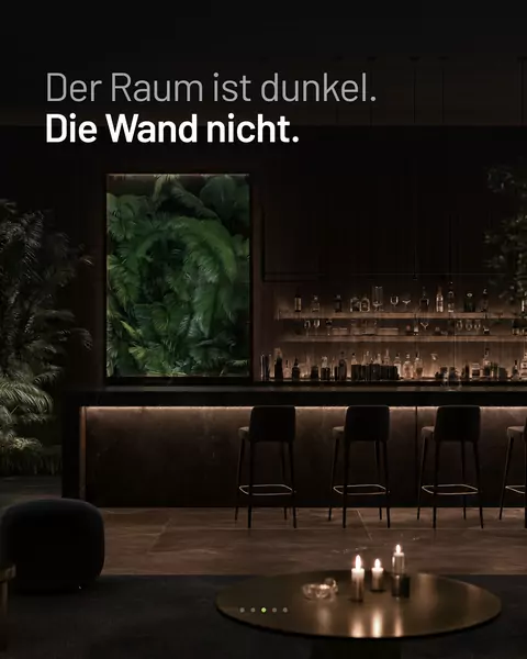 Feed-Slide: Dunkle Bar mit einer leuchtenden Wand voller Blätter, darüber „Der Raum ist dunkel. Die Wand nicht."