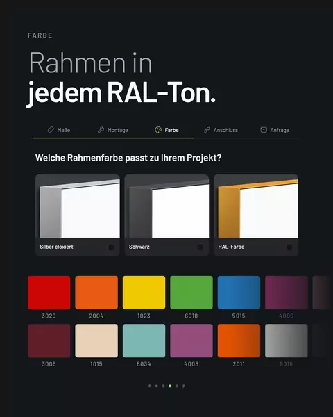 Feed-Kachel: Rahmenfarben als Farbfelder in RAL-Tönen, darüber „Rahmen in jedem RAL-Ton."