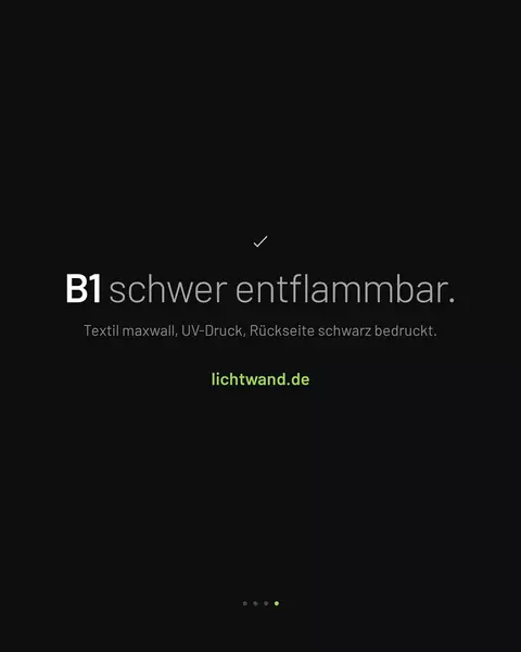 Feed-Kachel: Hinweis „B1 schwer entflammbar." mit der Zeile zu Textil und UV-Druck.