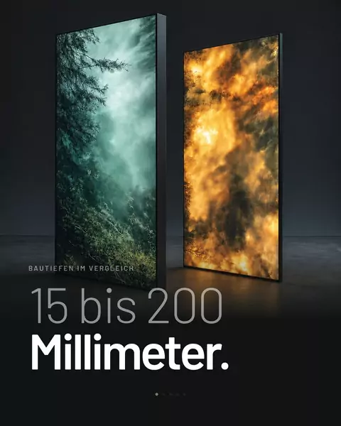 Feed-Kachel: Zwei leuchtende Wandelemente stehen frei im Raum, darüber „15 bis 200 Millimeter."