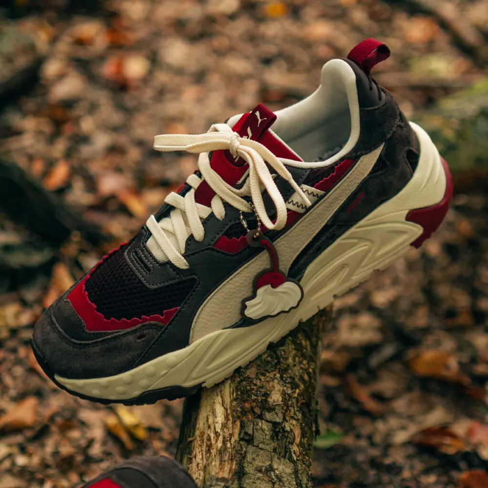 Ein einzelner Sneaker steht auf einem Pfahl im herbstlichen Wald