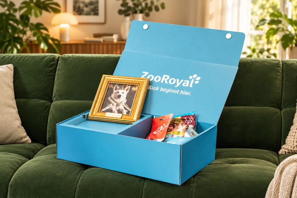 Offene hellblaue ZooRoyal-Box auf einem grünen Samtsofa, darin ein goldener Bilderrahmen mit einem gekrönten Hund und mehrere Futterbeutel