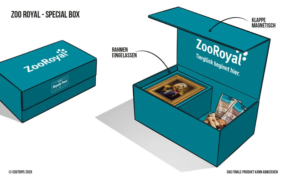 Konstruktionszeichnung der Special Box: geschlossene und aufgeklappte Ansicht mit eingelassenen Rahmen und Magnetverschluss