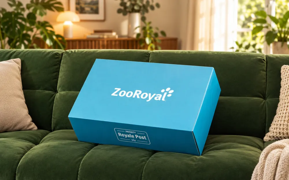 Die geschlossene hellblaue Box mit dem Aufdruck „Royale Post“ auf dem grünen Sofa