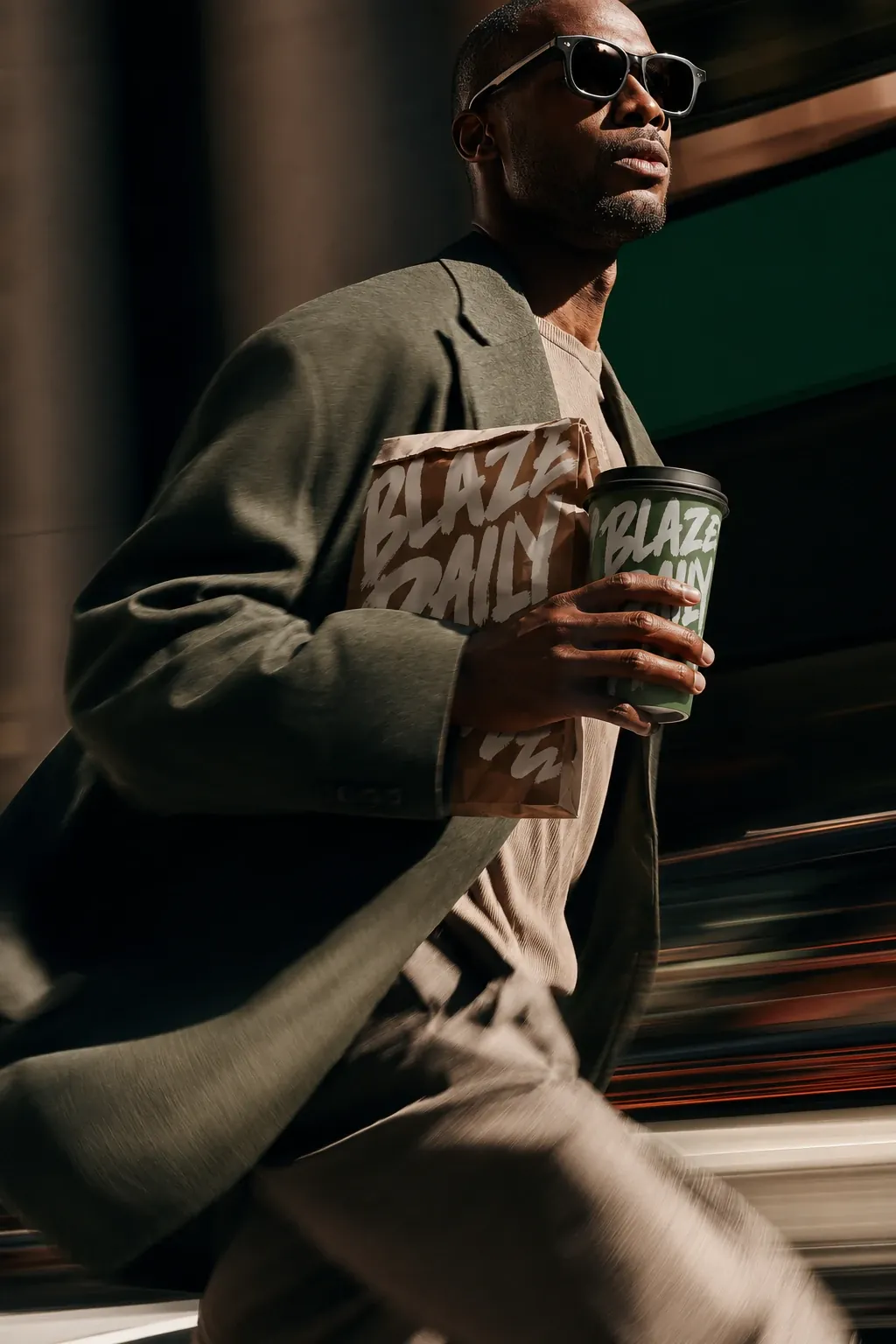 Ein Mann geht mit Becher und Papiertüte durch die Stadt, die Umgebung verwischt in der Bewegung
