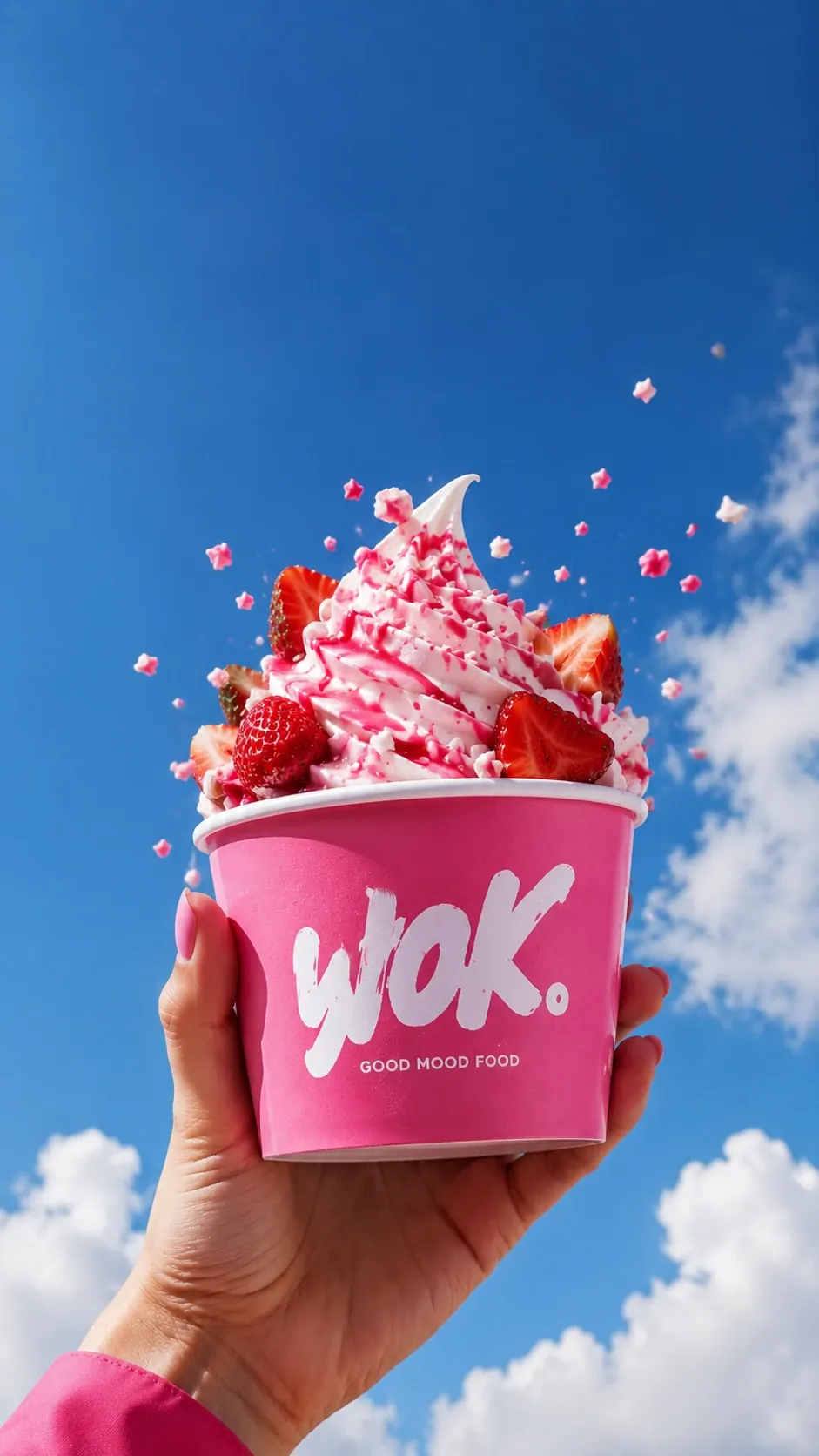 Eine Hand hält einen pinken Becher mit Frozen Yogurt und Erdbeeren gegen den blauen Himmel