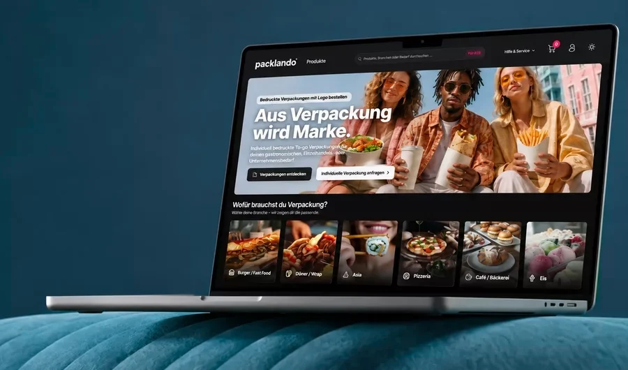 Ein Laptop auf einer dunkelgrünen Samtfläche, auf dem Bildschirm die Startseite von packlando.de